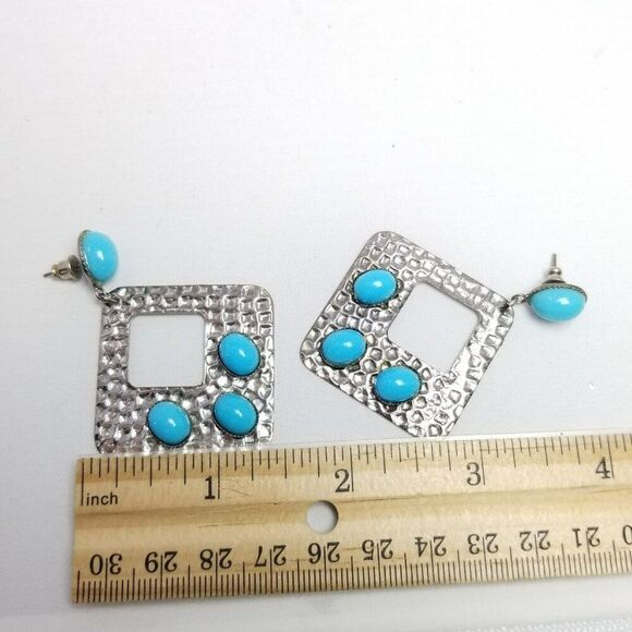 Vintage Blue Cabochon and Silver Tone Dangle Earrings, Hammered Textured, Estate - Picture 4 of 6